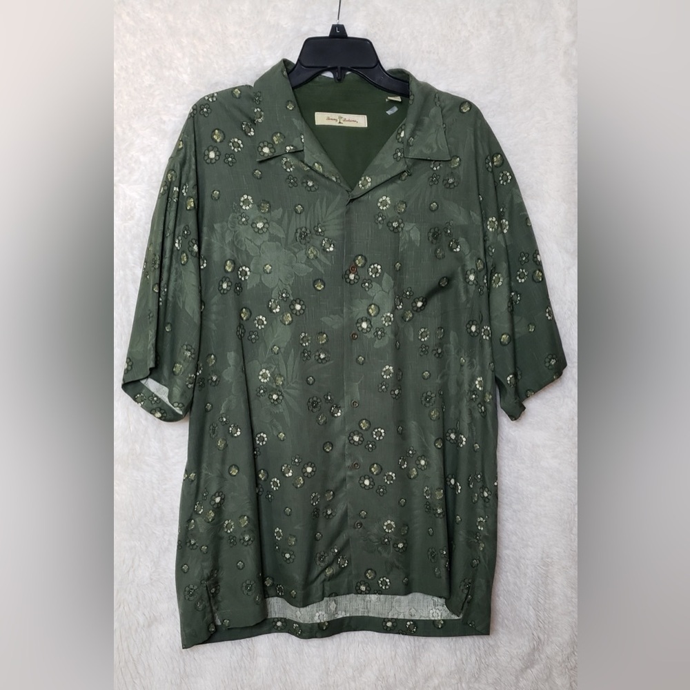 Tommy Bahama 100 Percent Silk Camp Olive Floral Button Down Shirt Size XL